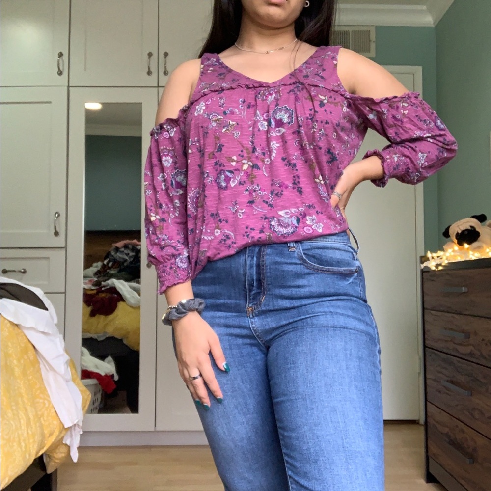 Fun floral purple shoulder cut out top